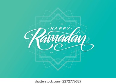 Greeting ramadan kareem with white hand lettering on blue green background - Flat design template