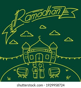 Greeting of ramadhan with lettering, ramadhan kareemwith mosque, Hand lettering calligraphy 