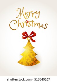 Greeting with red bow and golden tree. Element for Merry Christmas and Happy New Year's design.Traditional gold decor. Hanging Christmas ornament for decorating of invitations, greeting cards, labels.