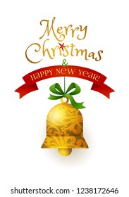 Greeting with red bow, ribbon, golden ball. Element for Merry Christmas and Happy New Year's design. Elegant traditional decor. Ornament for decorating of invitations, cards, labels.
