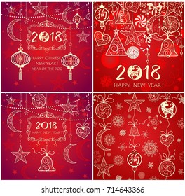 Greeting red card collection with vintage golden decoration, paper dog and hieroglyph for 2018 Chinese New Year