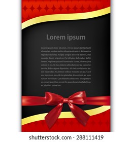 Greeting red card with golden ribbon, red bow and black space for text. Vector illustration