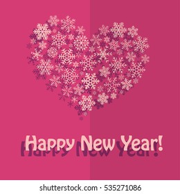 Greeting red card with a heart made up of a variety of paper snowflakes and shadow. Merry Christmas! Happy New Year!