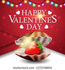 Greeting red card for Valentine's Day with pearl shell and strawberry