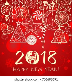 Greeting red card with vintage golden seamless decoration for 2018 Chinese New Year