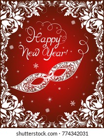 Greeting red card with vintage masquerade masque for New year holidays