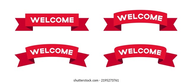 Greeting red ribbons set with word welcome banner vector illustration