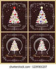 Greeting retro Christmas cards collection with paper cutting Xmas white tree with red green toys, golden candle, angels, paper handmade snowflakes and Xmas globe