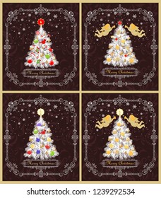 Greeting retro Xmas cards collection with paper cutting Christmas white tree with golden angels, hanging toys, candle, paper handmade snowflakes and vintage vignette