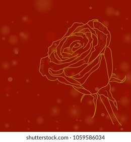 greeting romantic card with  gold rose silhouette on red background with  bokeh.  Hand drawing vector. Perfect for greeting cards, party invitations, posters, stickers, pin, scrapbooking,