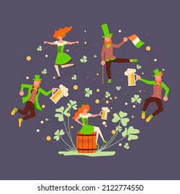 Greeting round banners of Saint Patrick's Day. Cute leprechauns holding mugs of beer and dancing. Flat Art Vector illustration