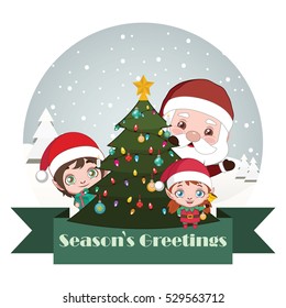 Greeting of Santa and elves with Christmas tree