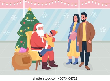 Greeting from Santa in mall flat color vector illustration. Happy parents. Child asking for present. Kid wishing for gift. People in shopping center 2D cartoon characters with displays on background