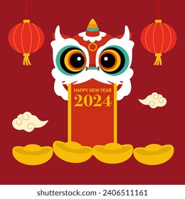 Greeting scroll decorated with dance lion mask, lanterns and Happy Chinese new year text.