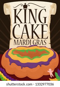 Greeting scroll with delicious king's cake with a tricolor glaze, baby Jesus toy, feathers and necklaces to celebrate Mardi Gras carnival.