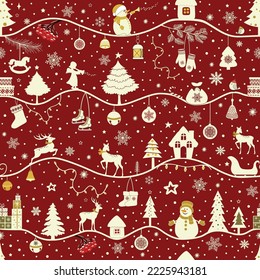 Greeting seamless pattern with Christmas elements on red background