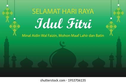 A Greeting Selamat Hari raya Idul Fitri, Indonesian Language, with ketupat and mosque background. Vector design. Card, banner, poster and brochure