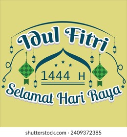Greeting of selamat hari raya idul fitri typography text effect with mosque sign