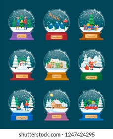 Greeting set of balls with snow and gifts, fir-trees and Santa on sleigh with deer, car and gift boxes. Papercard Merry Christmas and Jingle Bells vector