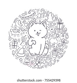 Greeting set card Happy New Year. Vector illustration of a hussy dog. Cute animal will give joy and good mood. You can use for invitations, prints of clothes, patterns and banners.