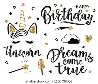 Greeting set with "Dreams come true"  and "Happy birthday" inscription. Can be used for cards, flyers, posters, t-shirts.