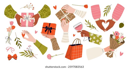 Greeting set with female hands holding various gift boxes, heart, bouquet and glass of wine. Isolated vector illustrations for Happy Birthday, Valentine's Day or Mother's Day celebration designs.