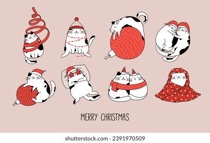 Greeting set of funny cute cats celebrating Christmas with holiday decorations. Vector holiday concept for New Year. Character outline illustration cartoon style.