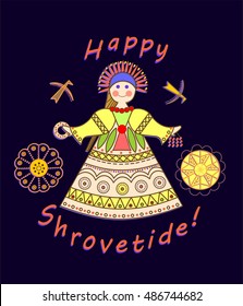 Greeting Shrovetide card with wishes and girl scarecrow