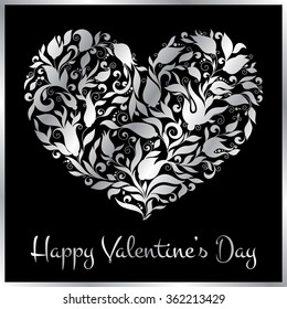 Greeting silver heart elements for design. Vector illustration. Bright illustration, can be used as greeting card, invitations for wedding, birthday, valentine's day .Paisley Doodle Flowers Design.