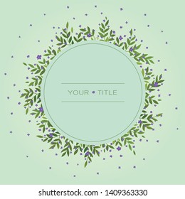 Greeting simple invitation card template design flowers and leafs. Green and purple flowers