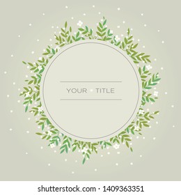 Greeting simple invitation card template design flowers and leafs. Gray and green circle