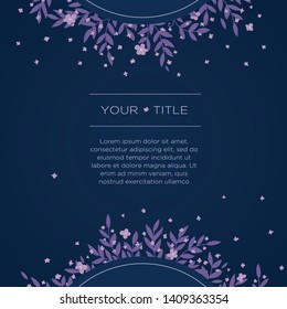 Greeting simple invitation card template design flowers and leafs. Purple, blue and pink circle