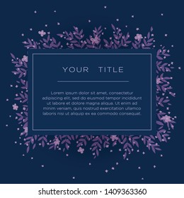 Greeting simple invitation card template design flowers and leafs. Purple, blue and pink circle
