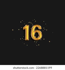 Greeting sixteen years anniversary celebration. Birthday number 16 gold foil balloons. Anniversary sign for happy holiday, celebration, birthday. Golden numbers with sparkling confetti star.