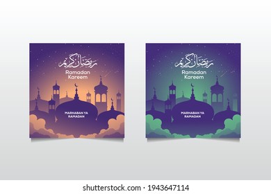 Greeting Social media template. Ramadan kareem calligraphy with Mosque. Arabian word Ramadan Kareem. Vector Illustration