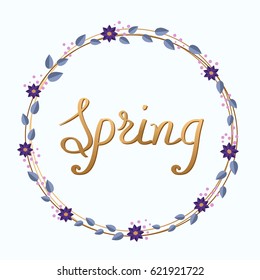 Greeting spring card banner background template with beautiful colorful spring flowers and leaves. vector illustration isolated white background. Gold Handwriting inscription  spring