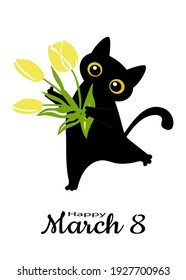 Greeting spring card with a black cute cat with a bouquet of yellow tulips in its paws for printing on poster, clothes, notebooks, decorative pillows. Vector graphics.