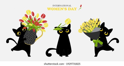 Greeting spring card with black cute cats with bouquets of yellow tulips in their paws for printing on poster, clothes, notebooks, decorative pillows. Vector graphics.