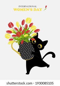 Tarjeta de primavera de saludo con un lindo gato negro con un ramo de tulipanes amarillos-rojos en una olla de flores con patas para imprimir en tazas, ropa, cuadernos, almohadas decorativas. Gráficos vectoriales.