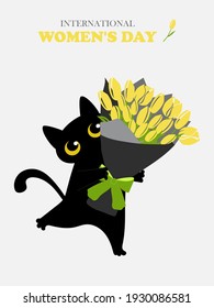 Tarjeta de primavera de saludo con un lindo gato negro con un ramo de tulipanes amarillos en sus patas para imprimir en tazas, ropa, cuadernos, almohadas decorativas. Gráficos vectoriales.