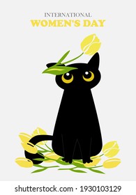 tarjeta de saludo de primavera con gato lindo negro y tubos amarillos para imprimir en tazas, ropa, cuadernos, almohadas decorativas. Gráficos vectoriales.