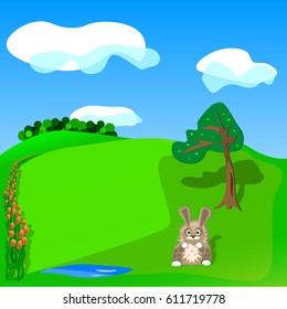 Greeting spring card with a hare and flowers on a nature background.