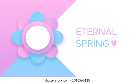 Greeting spring postcard in pastel colors. Paper cut vector illustration.