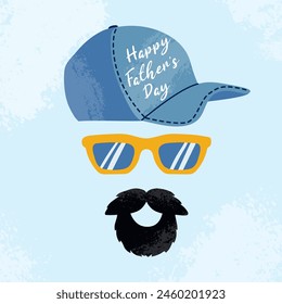 Tarjeta cuadrada de felicitación con tipografía manuscrita sobre fondo azul en estilo plano. Feliz Día del Padre. Gorra de béisbol dibujada a mano, gafas amarillas, bigote y barba con texturas grunge