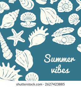 Greeting square card with various seashells and typography Summer vibes on blue background. Rough lines and italian sketch style. Flat vector illustration. Perfect for poster, cover, backdrop, label.