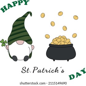 Greeting ST Patrick's Day. Gnome with clover leaf Cartoon style.