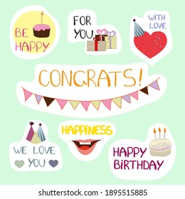 Greeting stickers for a holiday, birthday. Cake, caps, heart, garland, smile, gift. On a green background.