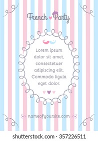 Greeting striped vertical banner with frame for text. Invitation card for French party. Vector