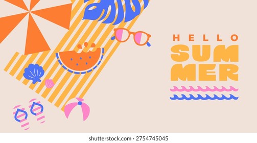 Greeting summer banner. Beach top view with beach umbrella, sunglasses, watermelon, seashells and ball. Summer positive vibe design. Template for sales, posters, covers, ads. Vector illustration.