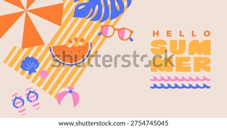 Greeting summer banner. Beach top view with beach umbrella, sunglasses, watermelon, seashells and ball. Summer positive vibe design. Template for sales, posters, covers, ads. Vector illustration.